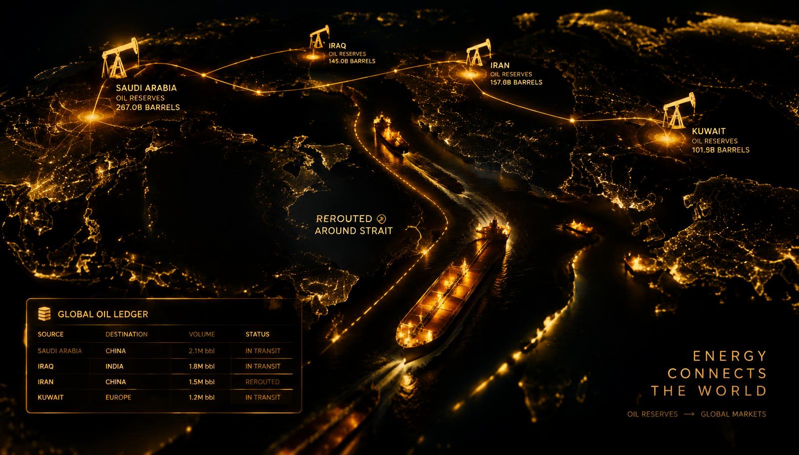 Oil tankers rerouted around a strait, connected by a digital ledger